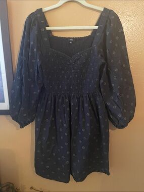 Madewell Black and gold Smocked Puff-Sleeve Mini Dress